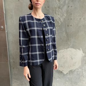 Vtg Yves Saint Laurent Womens Plaid Navy Blazer
